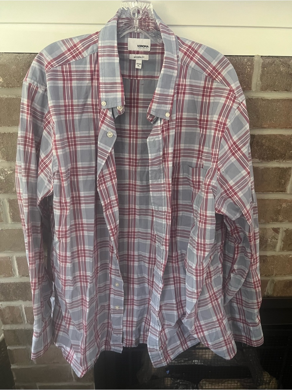 Sonoma Men's Red and Light Blue Plaid Button-Down Shirt